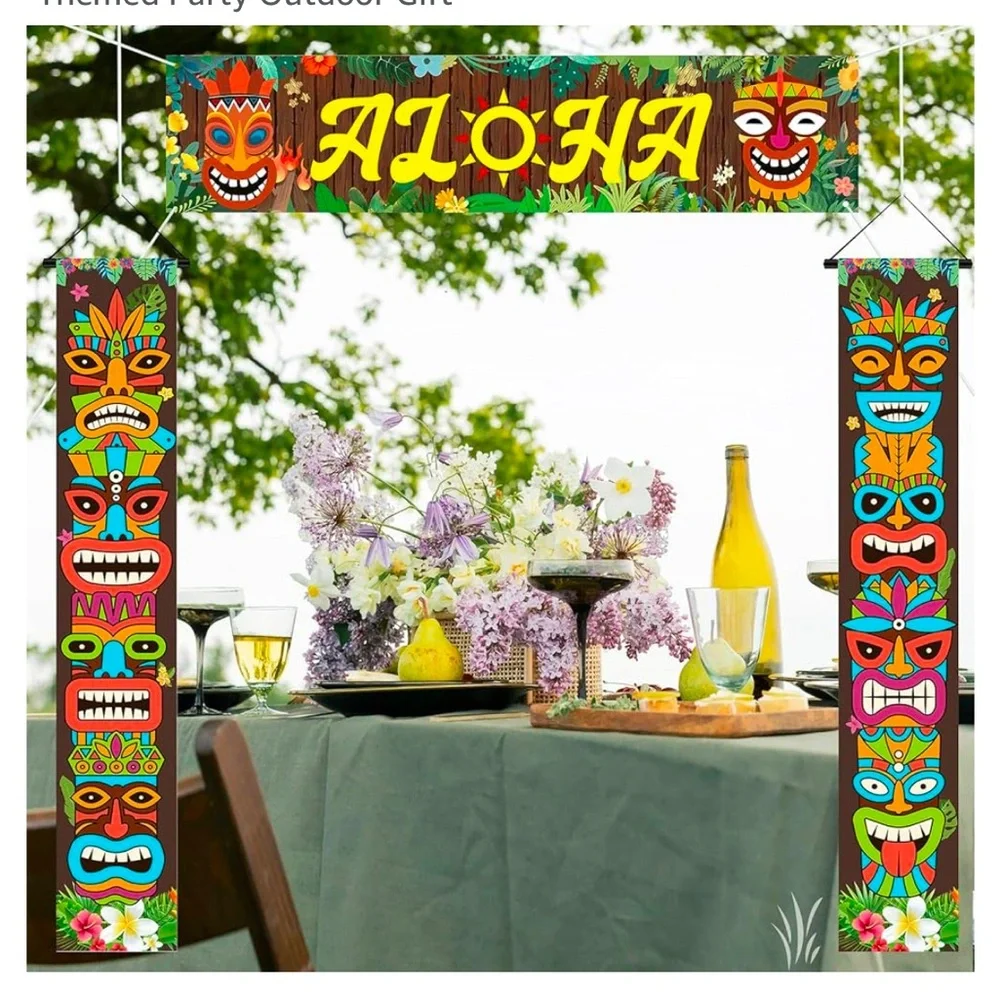 Hawaiian Luau Party Decorations,3 pieces Tiki Banner, Aloha Banner Welcome Door